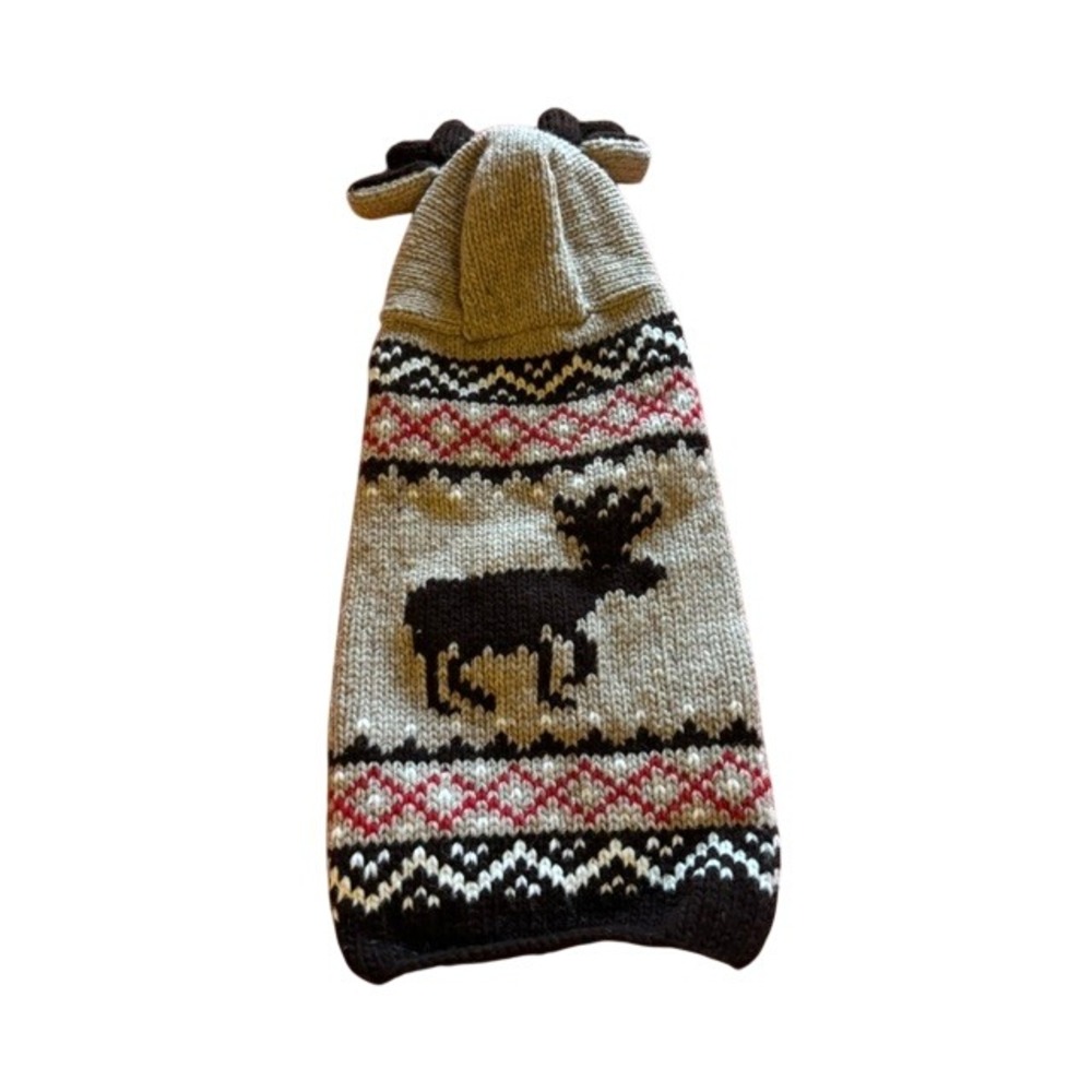 Chilly Dog 100% Wool Moose Reindeer Antler Hooded Pet Sweater Tan Red Black